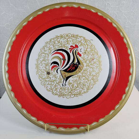 VINTAGE Stoyke Tray Platter 19" Round Red White Chicken Metal Mid Century 60s - Picture 12 of 16